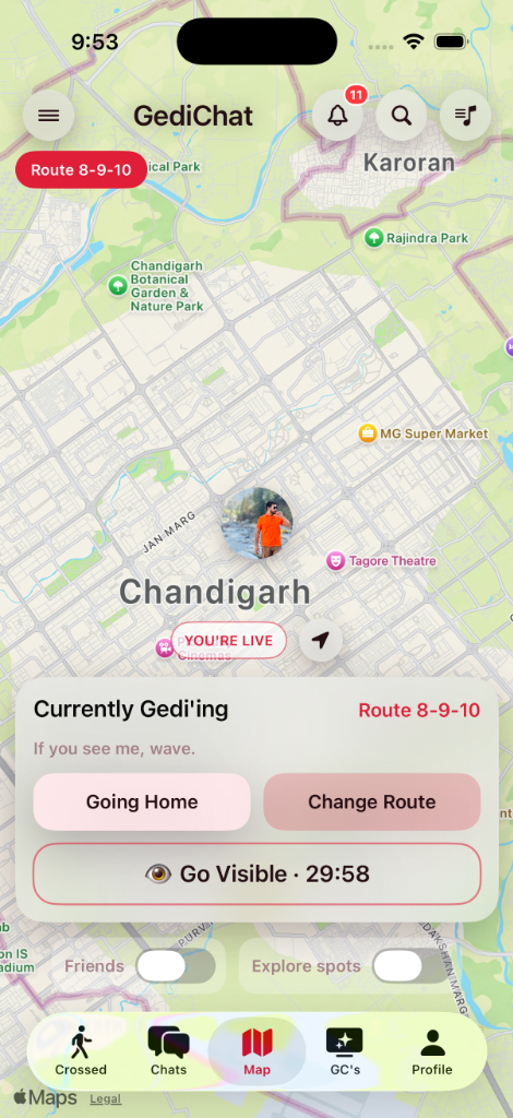 GediChat's live map of Chandigarh, with the Go for Gedi control and Route 8-9-10 selected