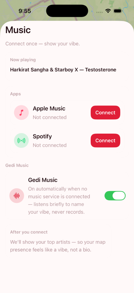 Music settings showing Apple Music, Spotify and Gedi Music
