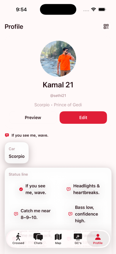 A profile with car, badge and a choice of status lines